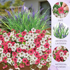 INQCMY Artificial Flowers for Outdoors UV Resistan 12 Pcs Silk Daisies with Eucalyptus Leaves and 2 Pcs Lavender Suitable for Porch Balcony Courtyard Garden (Rose Red White)