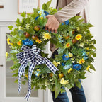 WANNA-CUL 24 Inch Year Round Spring Summer Wreaths for Front Door, Blue Yellow Floral Door Wreath with Pomegranates Daisy - All Season Decorative Wedding Wall Wreath Indoor Outdoor Farmhouse Decor