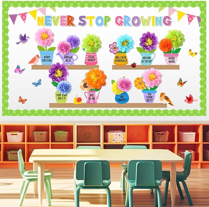 73 Pcs Spring Bulletin Board Decoration Set with 3D Paper Flower Never Stop Growing Classroom Decor Inspirational Bulletin Board Decoration for Spring Theme School Home Chalkboard Wall Decor