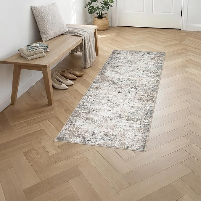 2'x5'Runner Rug Washable Rug: Modern Abstract Soft Thin Runner Rug Brown Grey