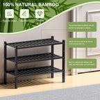 3 Tier (Thick) Bamboo Shoe Rack for Entryway, Small Wood Shoe Shelf Storage Organizer for Closet, Shoe Stand for Hallway, Stackable and Sturdy 27"x12"x21" Black