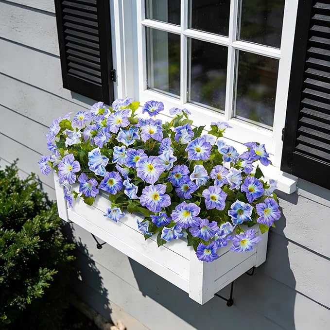 6 Pcs Artificial Petunia Flowers for Outdoor, Fake Spring Petunias Faux Silk Flowers for Outdoors UV Resistant Plants for Planters Garden Porch Patio Window Box Indoor Table Decor(White Blue)