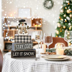Yuntau 4 Pcs Winter Table Decorations Wooden Snowman Winter Tiered Tray Decor Rustic Block Signs Gift Farmhouse Christmas Centerpiece for Tables Party Kitchen Shelf Home