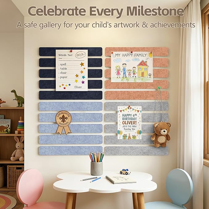 Cork Board for Walls - 8 Pack Felt Pin Board Bar Strips - Self-Adhesive Lightweight Bulletin Board - Cork Board for Office with 40 Push Pins No Damage for Wall