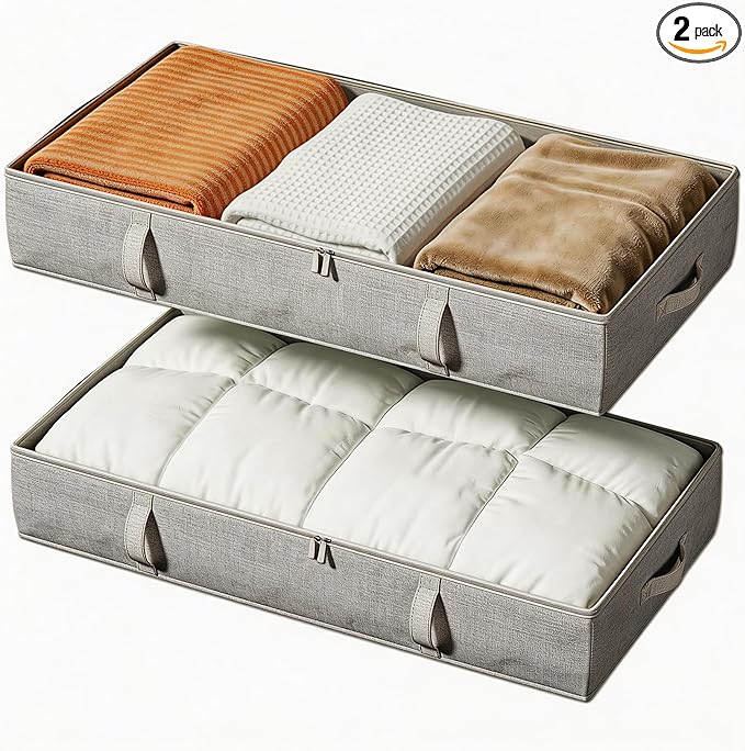 Vailando Storage Containers, 6 Inches Tall 60L Underbed Storage Bins with Sturdy Handles and Sidewalls, Closet Organizer for Clothes, Blankets, Seasonal Items, Gray, 2-Pack