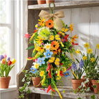 2 PCS 24'' Spring Summer Floral Teardrop Swags for Front Door Artificial Sunflowers Daisy Teardrop Swags Lavender Butterfly Swag Wreath Eucalyptus Hanging Swag for Farmhouse kitchen Cabinet Home Decor