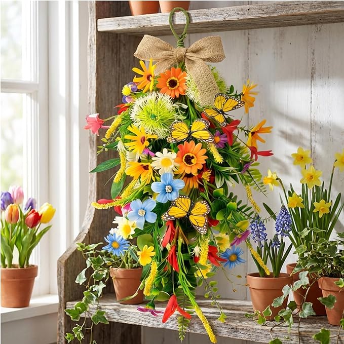 2 PCS 24'' Spring Summer Floral Teardrop Swags for Front Door Artificial Sunflowers Daisy Teardrop Swags Lavender Butterfly Swag Wreath Eucalyptus Hanging Swag for Farmhouse kitchen Cabinet Home Decor