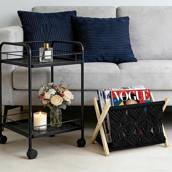 Boho Macrame Magazine Holder,Hand-Woven Magazine Rack for Home Office Desktop, Storage Basket for Letters, Magazines, Books and Newspapers (Black)