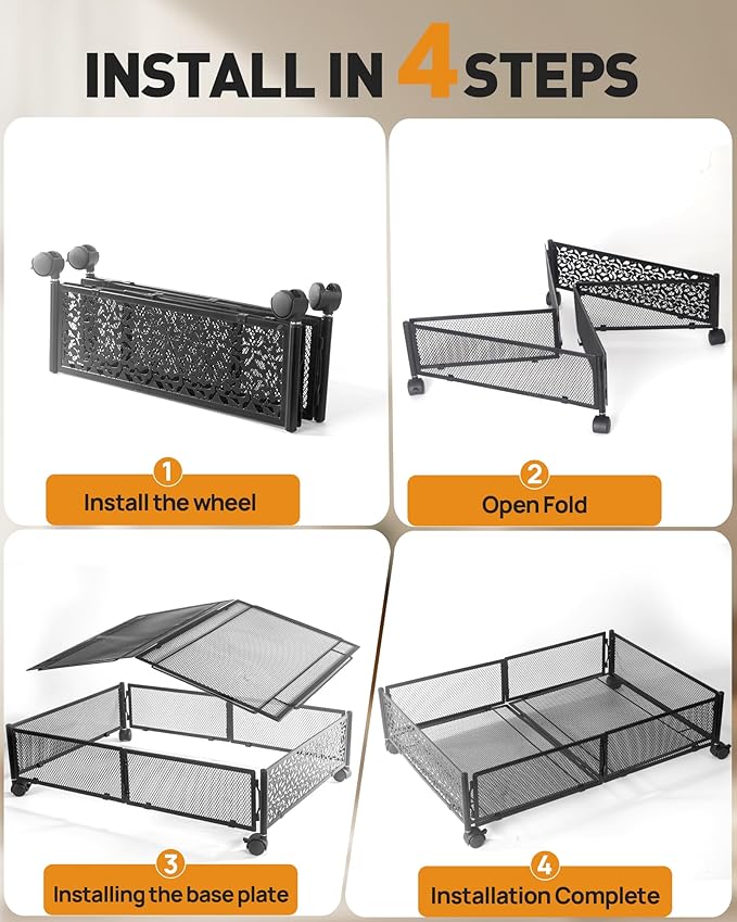 Under Bed Storage With Wheels, 4 Pack Foldable Pattern Carved Metal Under Bed Storage Containers, 60L Rolling Underbed Storage, Easy Assembly Under The Bed Storage for Shoes, Clothes, Blankets...