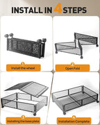 Under Bed Storage with Wheels, Foldable Pattern Carved Metal Under Bed Storage Containers, 60L Rolling Underbed Storage, Easy Assembly Under The Bed Storage for Shoes, Clothes, Blankets...