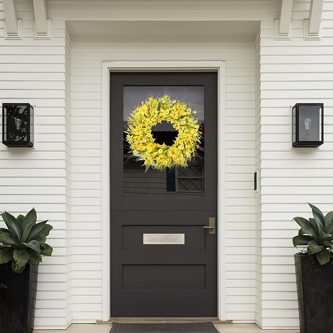Sggvecsy Spring Wreaths for Front Door 21 Inches Artificial Forsythia Flower Wreath Summer with Yellow Daisy Lavender Green Leaves Silk Floral for Wall Home Indoor Outdoor Decor