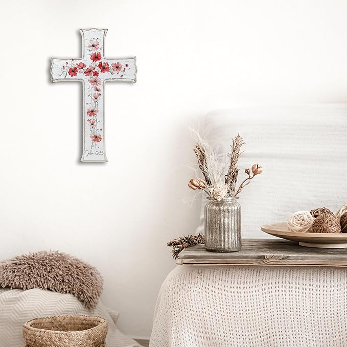 VZVCTFS White Cross with Red Wildflowers - John 6:35 Scripture Wooden Wall Decor, Rustic Farmhouse Christian Gift, Inspirational Floral Art for Home, Easter Christmas (6.5x10 Inch)（A08）