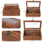 DECOR4SEASON Rattan and Cane Stacking Boxes with Glass Top Lid - Set of 2 11.8" and 14.1", for Boho and Rustic Farmhouse Decor, Brown