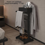 Mens Valet Stand with Top Tray Organizer, Shoe Shelf and Suit Rack, Wooden Clothes Valet Stand for Bedroom Entryway (Black)