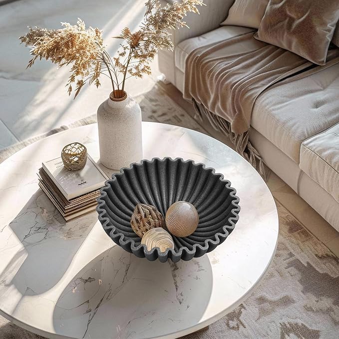 YMXYJM Large Decorative Bowl, Modern Handicraft Bowls for Home Decor, Decorative Fruit Bowl for Kitchen, Ruffle Bowl Decor, Stylish Key bowl for Entry Table, Artificial Stone Black