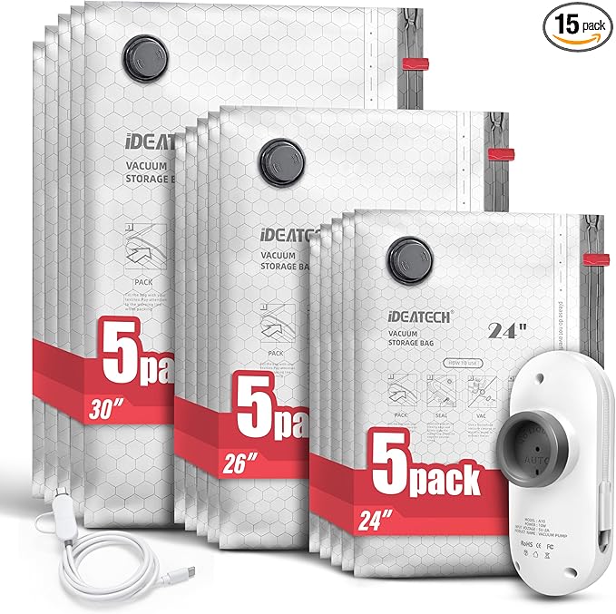 IDEATECH 15 Pack Travel Vacuum Bags with USB Pump, Space Saver Vacuum Seal Bags for Clothes, Compression Bags for Suitcase Packing & Carry-On Luggage, Easy to Load, Medium to Long Trips-5S+5M+5L