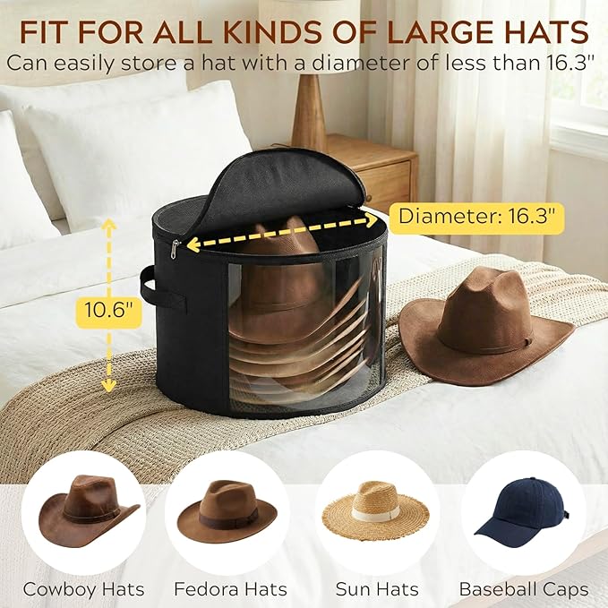 Ofiray-home 2 Pack Large Clear Hat Storage Boxes, Hold up to 7-9 Hats, Hat Organizer for Closet, Durable & Foldable, Hat Box with Carrying Handles for Round Brim, Wide-Brim, Cowboy, Sun Hat (Black)