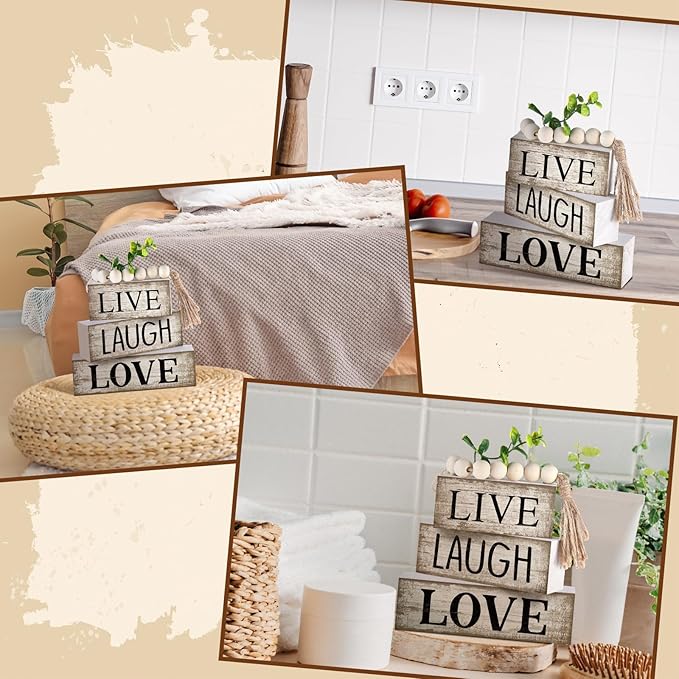 Yuntau 5 Pcs Rustic Farmhouse Tiered Tray Farmhouse Fake Books Decoration Life Laugh Love Wooden Tabletop Decor Love Block Decor Wood Block Sign Gift Centerpiece for Shelf Coffee Mantle Kitchen Table