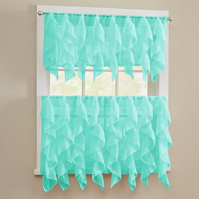 Sweet Home Collection 3 Pc Kitchen Curtain Set-Valance and Choice of 24" or 36" Tier Pair, Sheer Sea