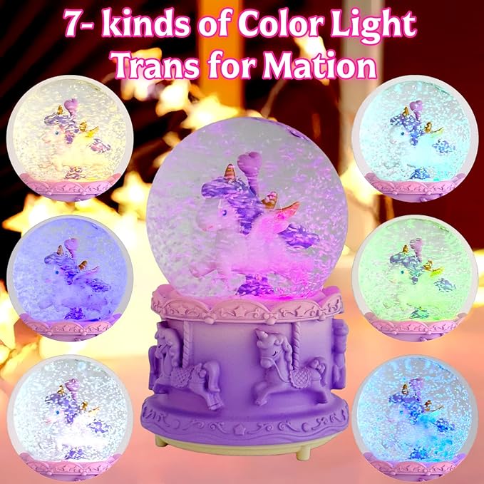 Unicorn Snow Globes,Kids Music Snowglobes with LED 7 Colors Lights,Automatic Snow Fall Effect,Home Decor for Children Room Essentials,Christmas or Birthday Gifts for 3-15 Year Old Girls