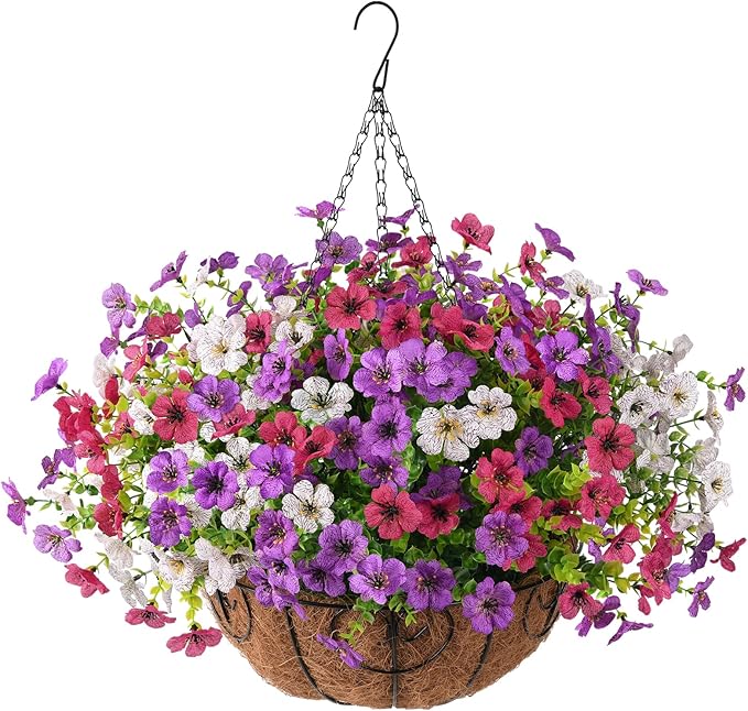 Artificial Faux Hanging Flowers Plants with Basket for Outdoor Spring Decoration, Fake Silk Daisy Outside Indoor UV Resistant Look Real Yard Patio Front Porch Garden Balcony Home Decor(Mix4)