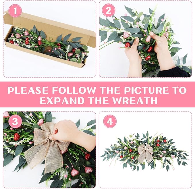 22'' Valentines Wreaths for Front Door Valentines Teardrop Swag Pink and Red Hearts for Valentine's Day Anniversary Wedding Decor Eucalyptus Wreath