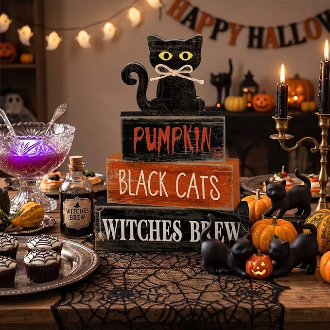 Lineshading 4 Pcs Halloween Table Decoration Black Cat Wooden Stacked Block, "Pumpkin Black Cats Witches Brew" Signs Spooky Halloween Tiered Tray Decor Rustic Gothic Centerpiece for Home Coffee Bar
