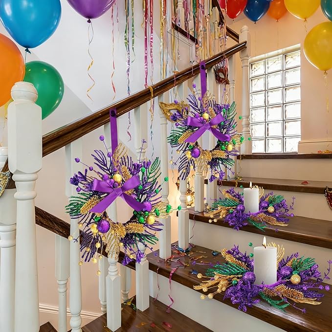 6 PCS Mardi Gras Purple and Green Glitter Mini Cabinet Wreaths for Front Door Carnival Party Decor Wreath Mardi Gras Hanging Garlands Candle Rings for Front Door Home Window Chair Wall Indoor Outdoor
