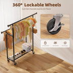 Simple Trending Clothes Rack, Double Rods Clothing Rack for Hanging Clothes, Metal Garment Rack with Rolling Wheels, Portable Wardrobe Closet Rack for Coat, Bedroom, Laundry, Black
