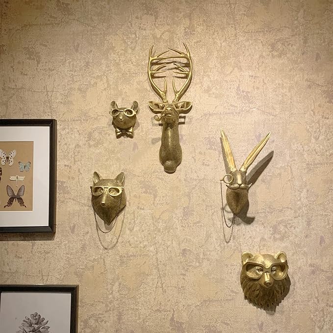 GUASDIE Animal Heads Wall Decor, Gold Faux Deer Head Mount, Animal Sculptures Wall Decor, Vintage Resin Hanging Decoration for Living Room Bedroom Kitchen Office Gift,5pcs
