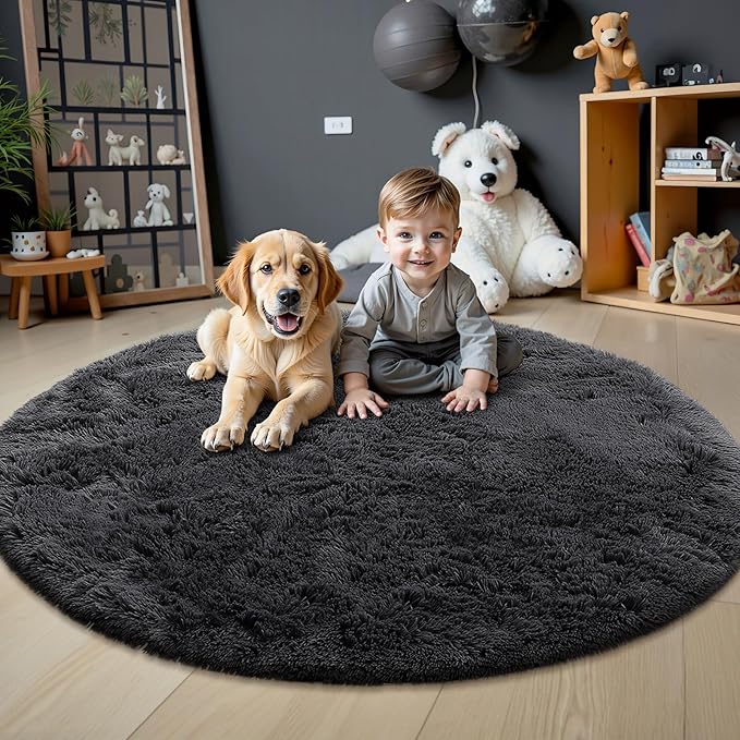 OLANLY Black Round Rugs for Bedroom - Machine Washable, 9 ft Circle Area Rugs for Living Room, Soft and Fluffy Shaggy Carpet for Teen Girls and Boys, Nursery Rooms, Dorms, Home Decor Aesthetic