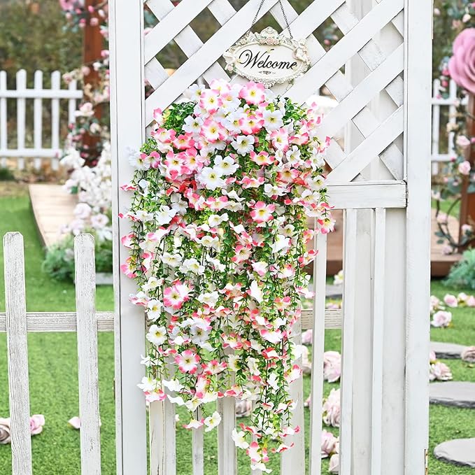 Waipfaru Artificial Petunias Flowers for Outdoors, 4 Pcs UV Resistant Fake Hanging Plants Spring Outside Decor, Faux Silk Flowers Long Trailing Vines for Outdoor Planters Porch Garden