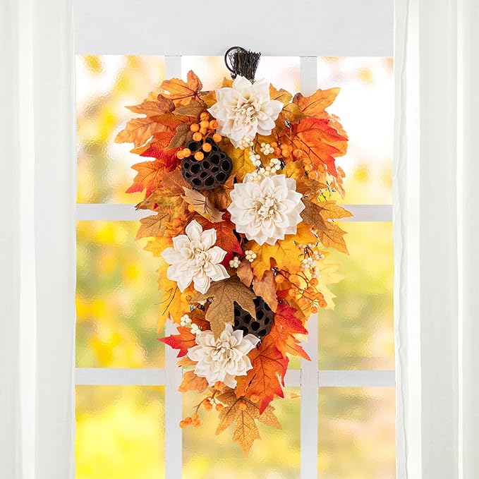 Glitzhome 2 Pcs Fall Teardrop Swags for Front Door, 28''H Autumn Swag with Lotus, Lotus Pod and Berry, Fall Swags for Front Door, Thanksgiving Harvest Festivals Decor