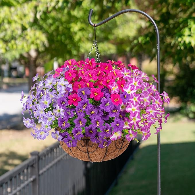 INSPRING Artificial Outdoor Flowers Hanging Baskets Faux Plants Spring Decoration, UV Resistant Fake Silk Morning Glory in Planter Look Real Petunias for Outside Patio Porch Balcony Garden Home, 4Mix