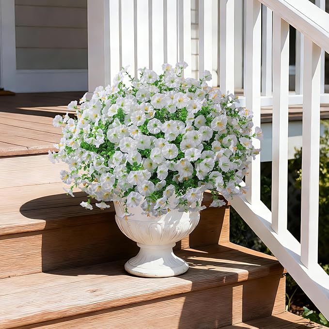 Ivydale 24 Bundles Artificial Flowers for Outdoors Spring Outside Decoration, Faux Silk Petunias White Fake Flowers Bluk Realistic UV Resistant Plants for Outdoor Planters Porch Patio Garden Yard Home