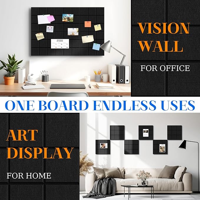 DOLLAR BOSS Felt Cork Board Tiles, 6 Packs 12" x 12" 1/2" Thick Bulletin Board Adhesive Acoustic Panels Soundproof Corkboards for Walls with 60 Pushpins for Home Office Kitchen School, Grid