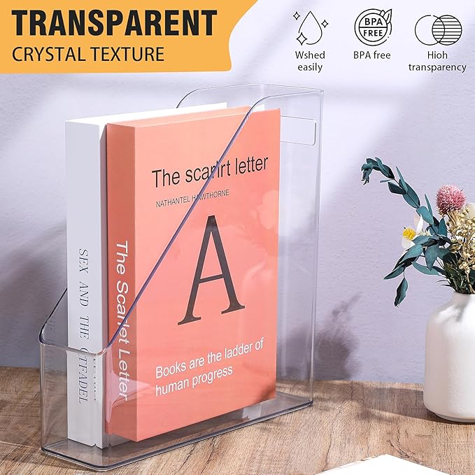 MAQUITA Magazine Holder, 2 Pack Acrylic Magazine File Holder,A4 Vertical File Organizer with Handle for Desk,Clear Document Rack File Folder Storage Bin