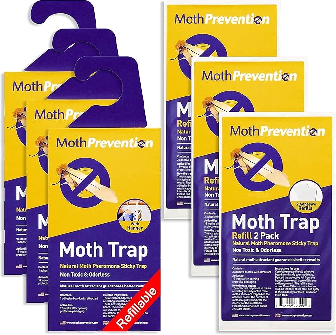 Powerful Clothes Moth Traps + Replacement Strips (9 Strips in Total) - Traps & Refills by MothPrevention - for Indoors, Home, Closets & Clothing