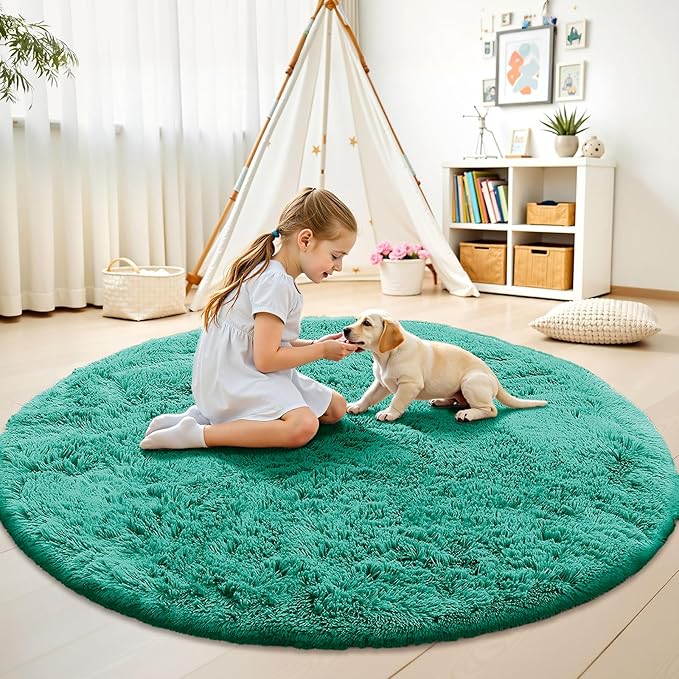 OLANLY Teal Green Round Rugs for Bedroom - Machine Washable, 9 ft Circle Area Rugs for Living Room, Soft and Fluffy Shaggy Carpet for Teen Girl and Boys, Nursery Rooms, Dorms, Home Decor Aesthetic