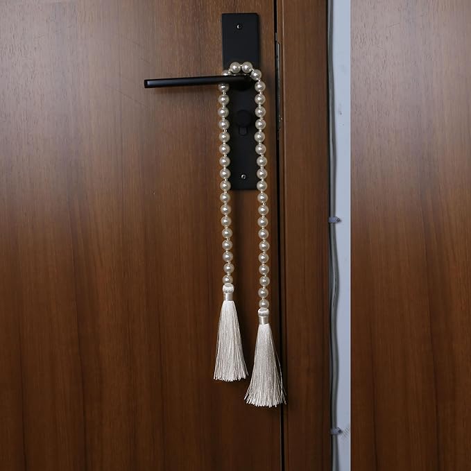 34 Inch Pearl Glass Bead Garland with Tassels - Elegant Boho Table Decor, Fringe Wall Hanging for Wedding, Party, Farmhouse Rustic Prayer Bead Home Decoration (White, 2 Pack)