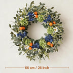 Idyllic 26 Inch Spring Summer Wreath for Front Door - Blue Green Hydrangea Wreath with Orange Berries and White Flowers, Foldable Base for Indoor Outdoor Decor