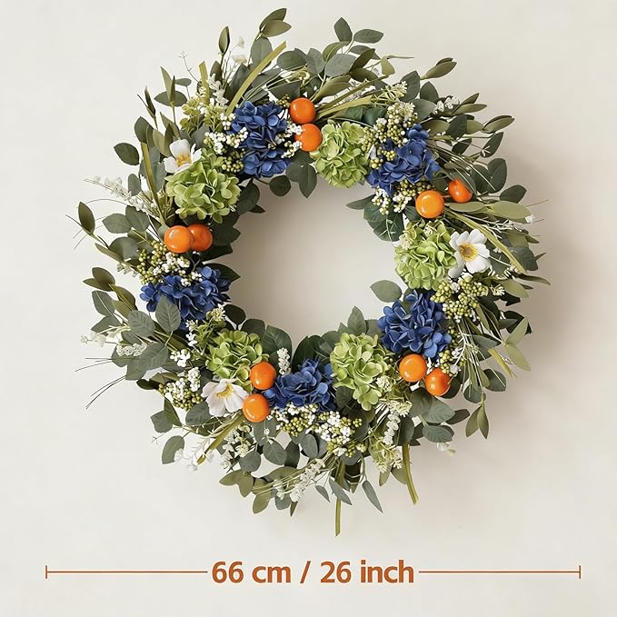 Idyllic 26 Inch Spring Summer Wreath for Front Door - Blue Green Hydrangea Wreath with Orange Berries and White Flowers, Foldable Base for Indoor Outdoor Decor