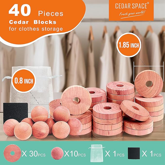Cedar Blocks for Clothes Storage 100% Aromatic Red Cedar Balls & Rings Dresser Drawer Freshener Odor Eliminator 30 Rings & Bonus 10 Balls Total 40 Pieces