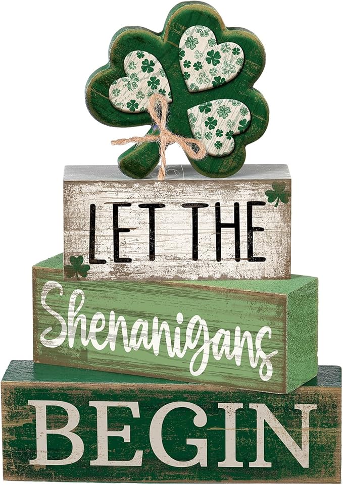 Lineshading 4 Pcs St Patricks Day Table Decor Wooden Shamrocks St Patrick's Day Tiered Tray Decor Irish Centerpiece Green Lucky Shamrocks Block Signs for Saint Patty's Party Home Kitchen