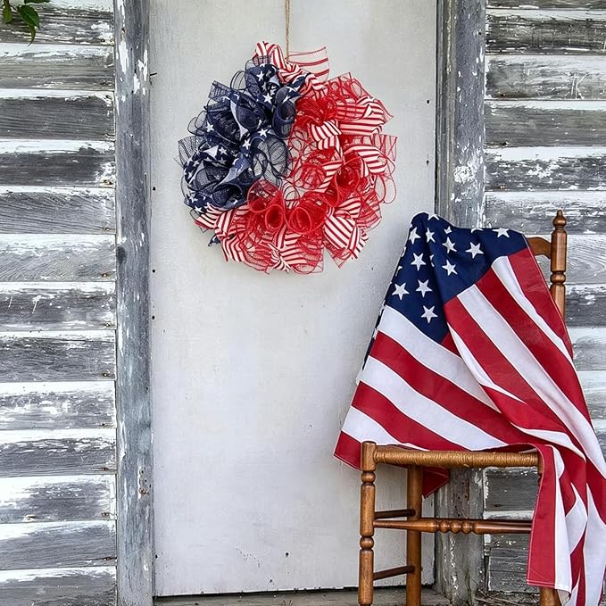 Patriotic Wreath for Front Door Red White Blue Wreath 4th of July Wreaths for Door Wall Memorial Day Decor Independence Day Hanging Decoration for Outside Home Farmhouse Holiday (Mesh)