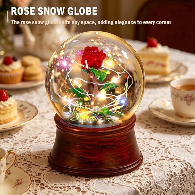 Rose Snow Globe Music Box, Preserved Red Rose Flower Musical Snow Globes, LED Light Up Rose Snowglobe Water Globe Romantic Gift for Women Girls in Mother's Day, Anniversary, Christmas