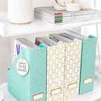 BLU MONACO | Set of 4 Foldable Pink & Aqua Magazine File Holders with Gold Geometric Patterns | Vertical File Organizer Boxes with Gold Label Holders for Home & Office