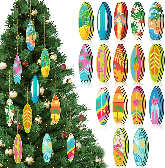 Geelin 36 Pcs Summer Wood Hanging Ornaments for Tree Mini Tree Decorations Hawaiian Beach Wooden Pendant Decorations with String for Luau Party Supplies(Surfboard)