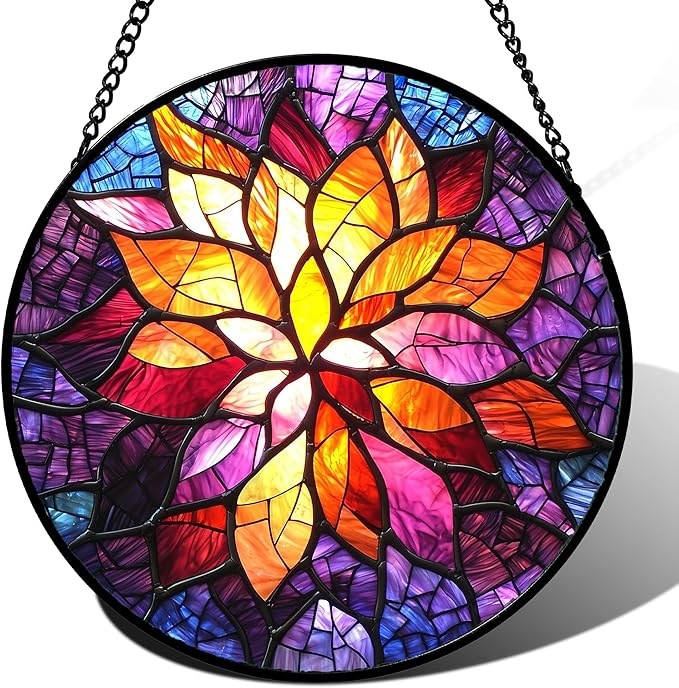 Stained Glass Window Hanging, Fuchsia Abstract Flowers Suncatcher for Window Home Decor Orange Sun Catcher Mother's Day Birthday Gifts for Women Men Mom Nana 11.8 in