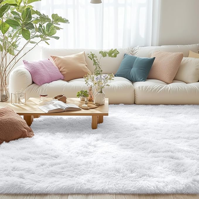 OLANLY 7x7 Machine Washable Large Area Rugs for Living Room, Bedroom, Soft Fluffy Shaggy Bedside Rug, Indoor Floor Carpet for Kids Girls and Boys, Dorms, Nursery, Home Decor Aesthetic, White